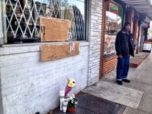 Kevin Smith stands near a makeshift memorial he built for Rodney Burke. Nov. 9, 2014 (Penny Ray - Trentonian)